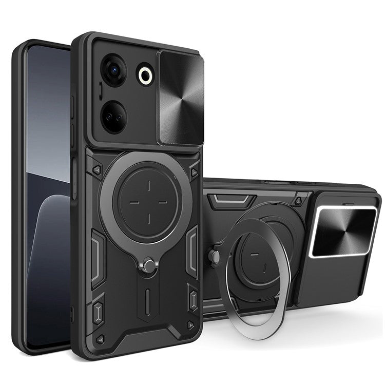 For TECNO Camon 20 4G / 20 Pro 4G Case Kickstand TPU+PC Slim Phone Cases with Slide Lens Lid - Black
