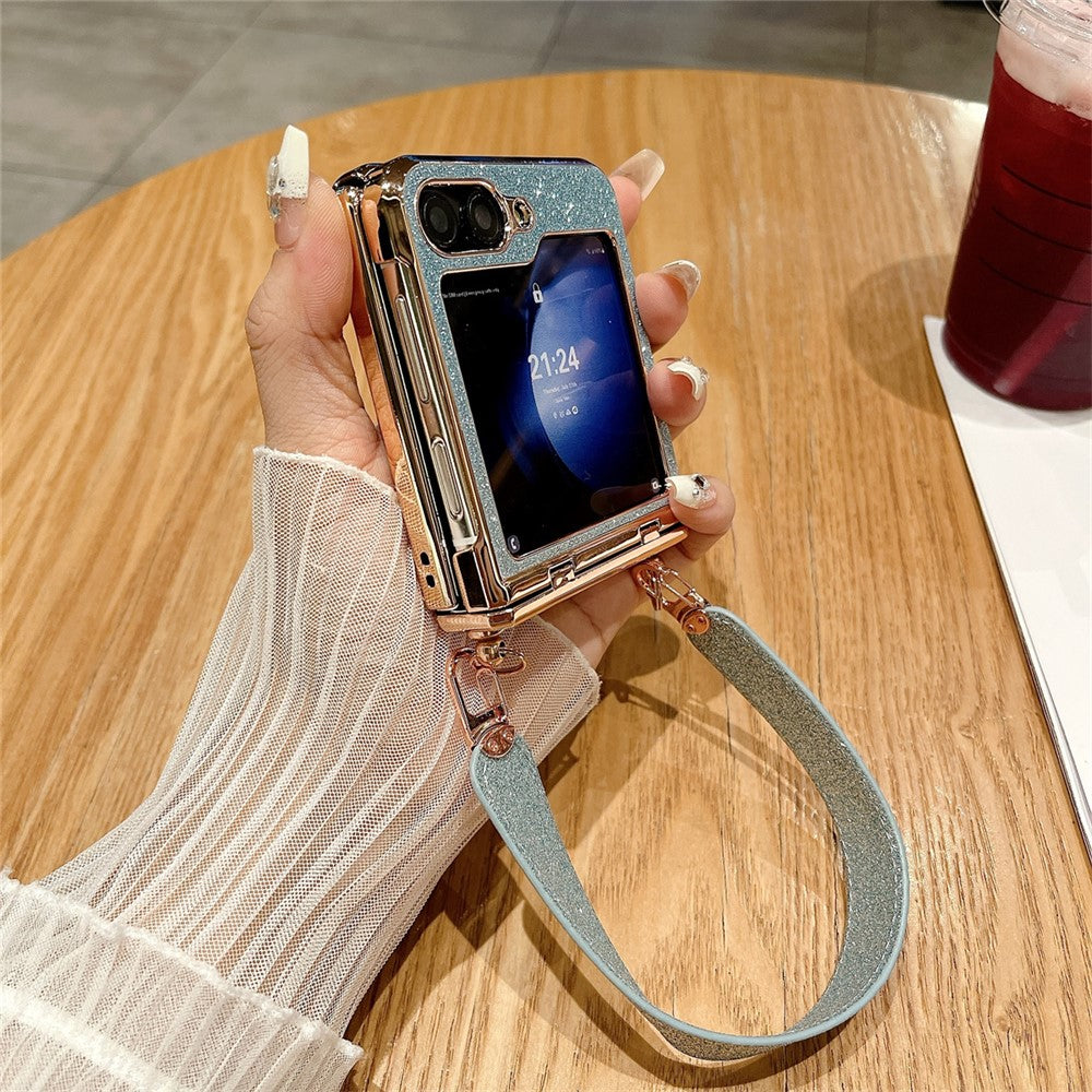 For Samsung Galaxy Z Flip7 FE 5G / Z Flip6 5G / Z Flip5 5 Case Hinge Protection Hard PC Glitter Phone Cover with Wrist Strap - Blue / Rhinestone Decor