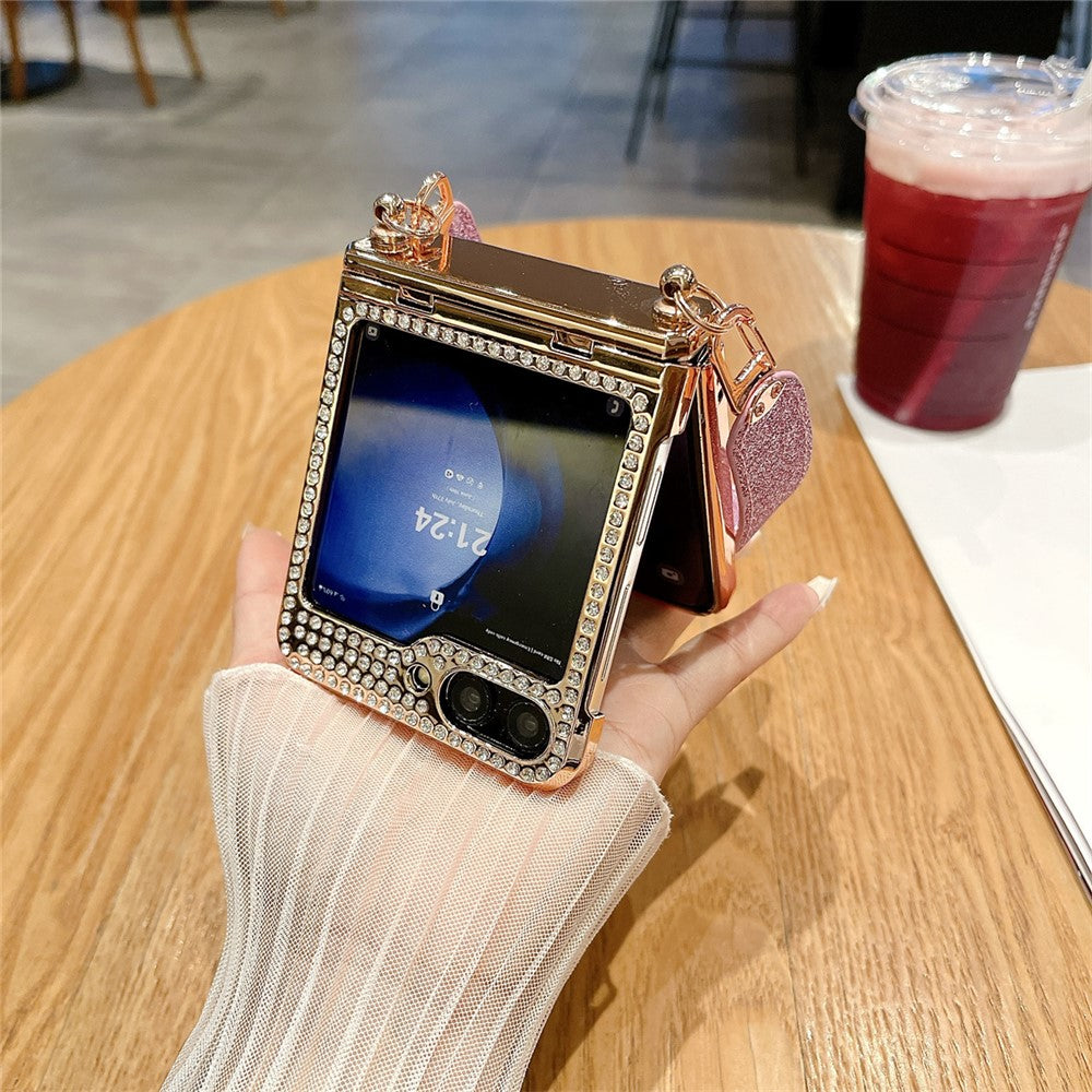 For Samsung Galaxy Z Flip7 FE 5G / Z Flip6 5G / Z Flip5 5 Case Hinge Protection Hard PC Glitter Phone Cover with Wrist Strap - Blue / Rhinestone Decor