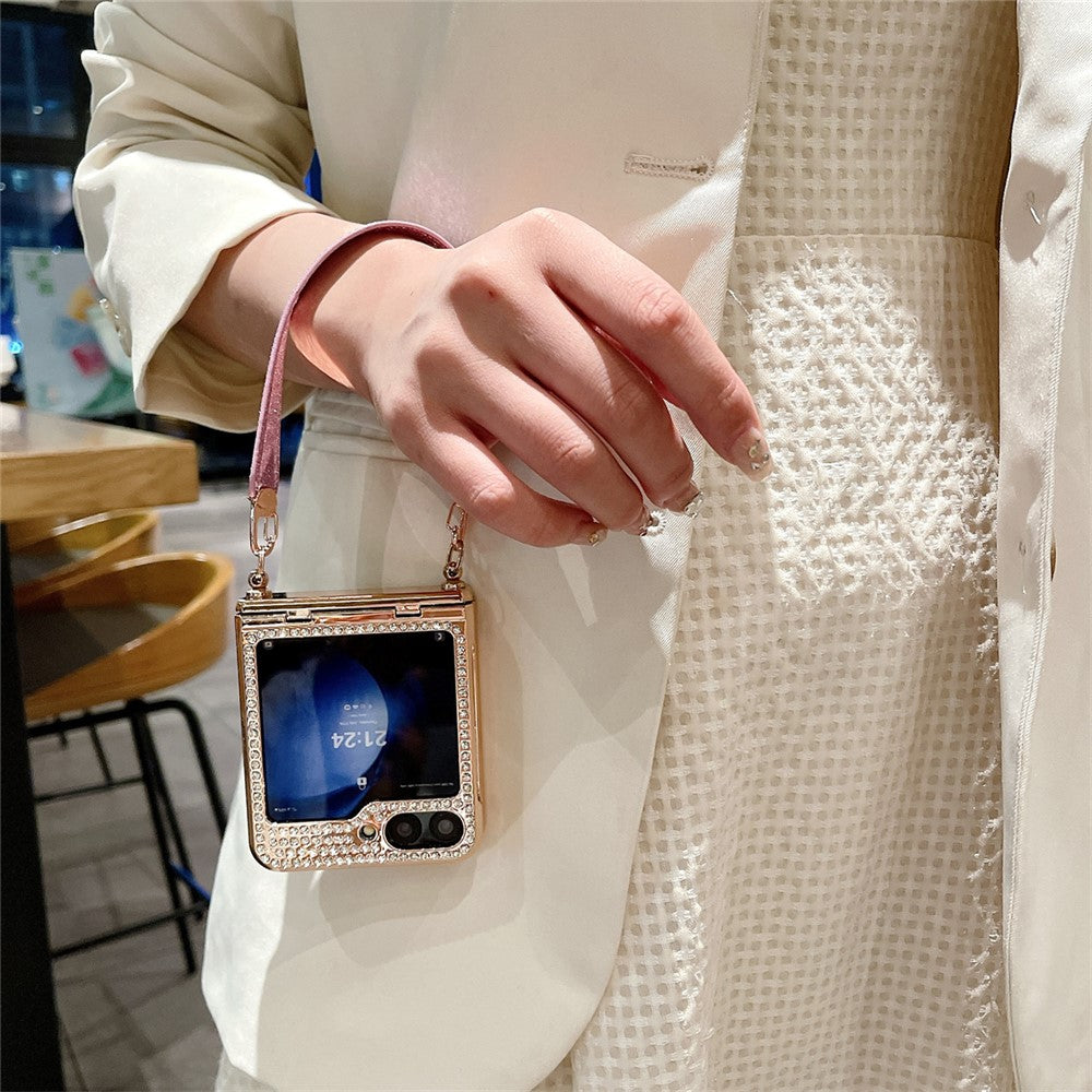 For Samsung Galaxy Z Flip7 FE 5G / Z Flip6 5G / Z Flip5 5 Case Hinge Protection Hard PC Glitter Phone Cover with Wrist Strap - Blue / Rhinestone Decor