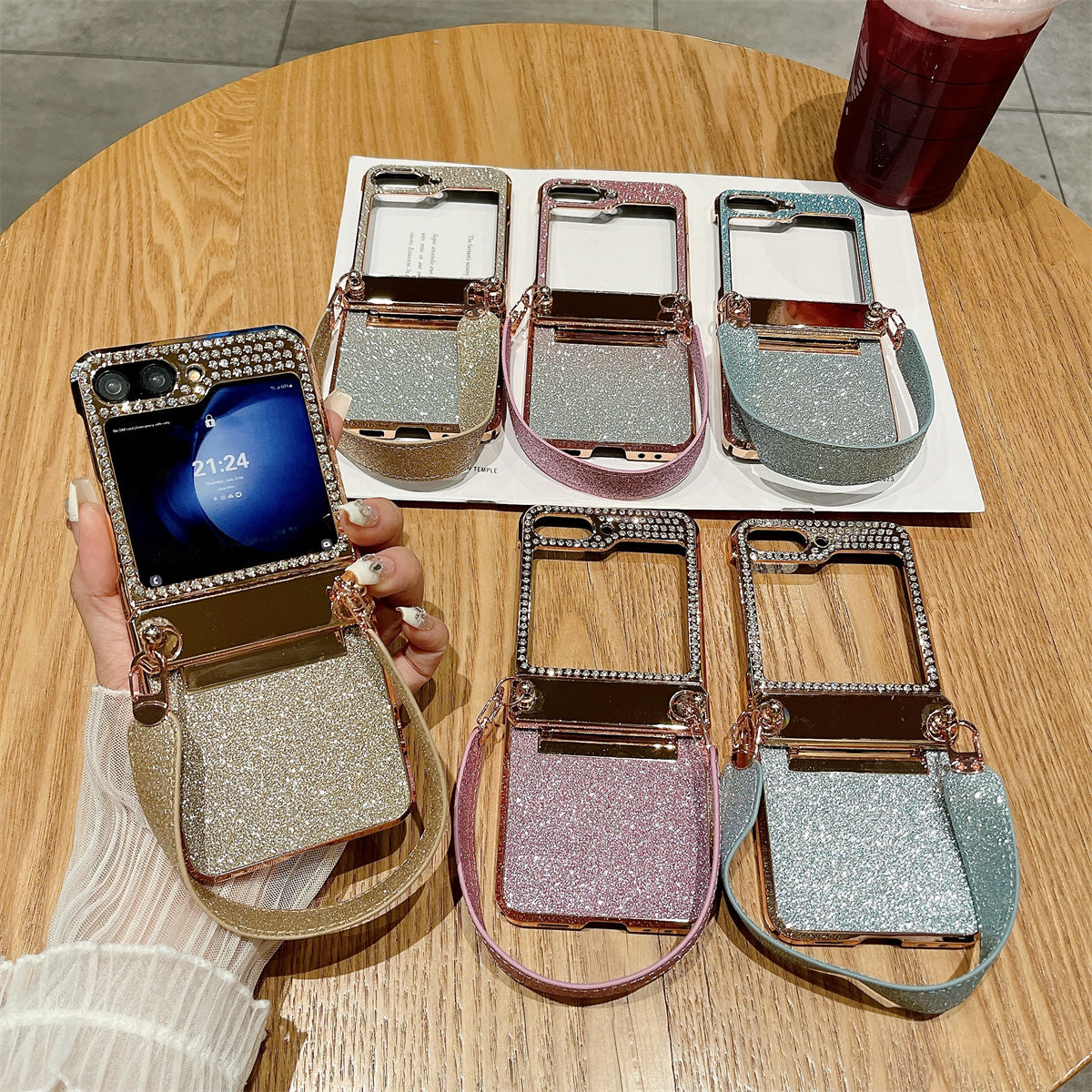 For Samsung Galaxy Z Flip5 5G / Z Flip6 5G Case Hinge Protection Hard PC Glitter Phone Cover with Wrist Strap - Blue / Rhinestone Decor