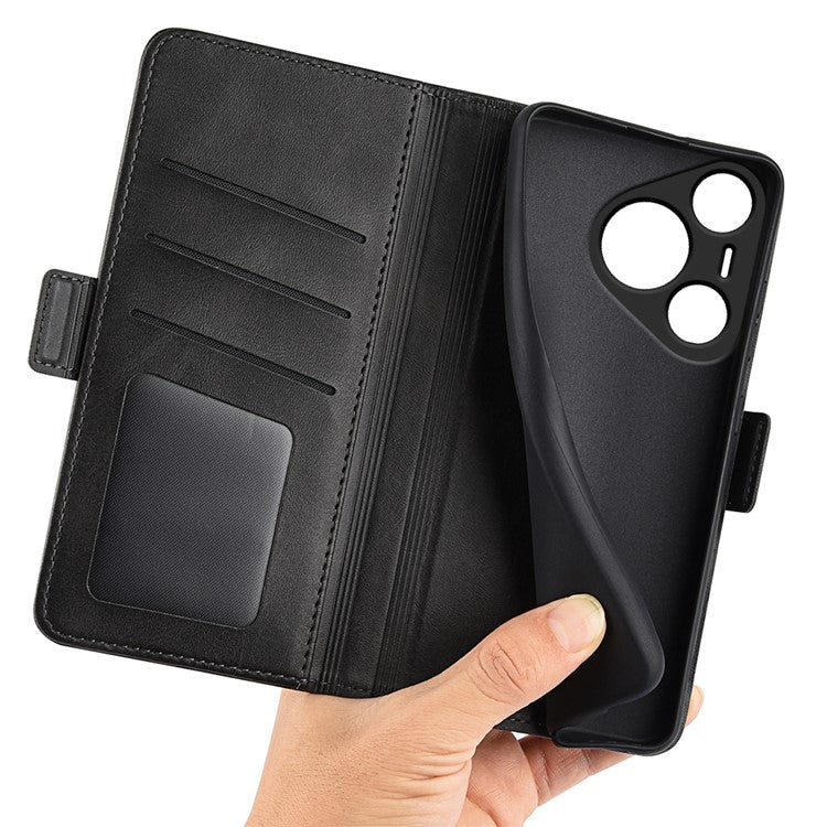 For Huawei Pura 70 Case Leather Folio Wallet Dual Magnetic Clasp Shock Absorbing Phone Cover - Black