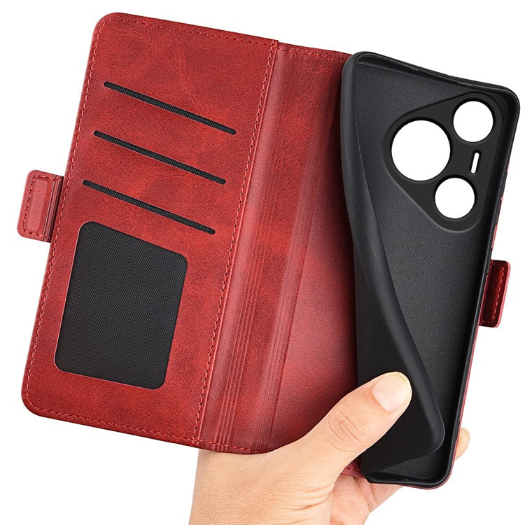 For Huawei Pura 70 Case Leather Folio Wallet Dual Magnetic Clasp Shock Absorbing Phone Cover - Red