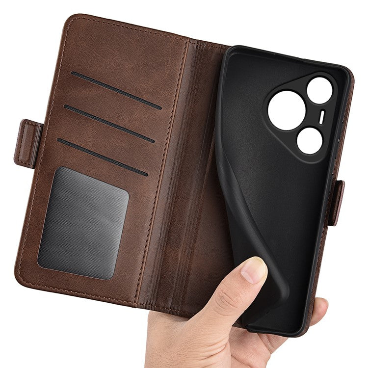 For Huawei Pura 70 Case Leather Folio Wallet Dual Magnetic Clasp Shock Absorbing Phone Cover - Brown