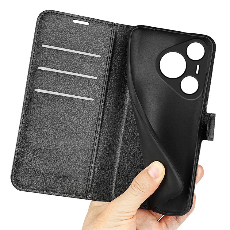 For Huawei Pura 70 Wallet Case with Card Holder Litchi Texture Leather Phone Cover - Black