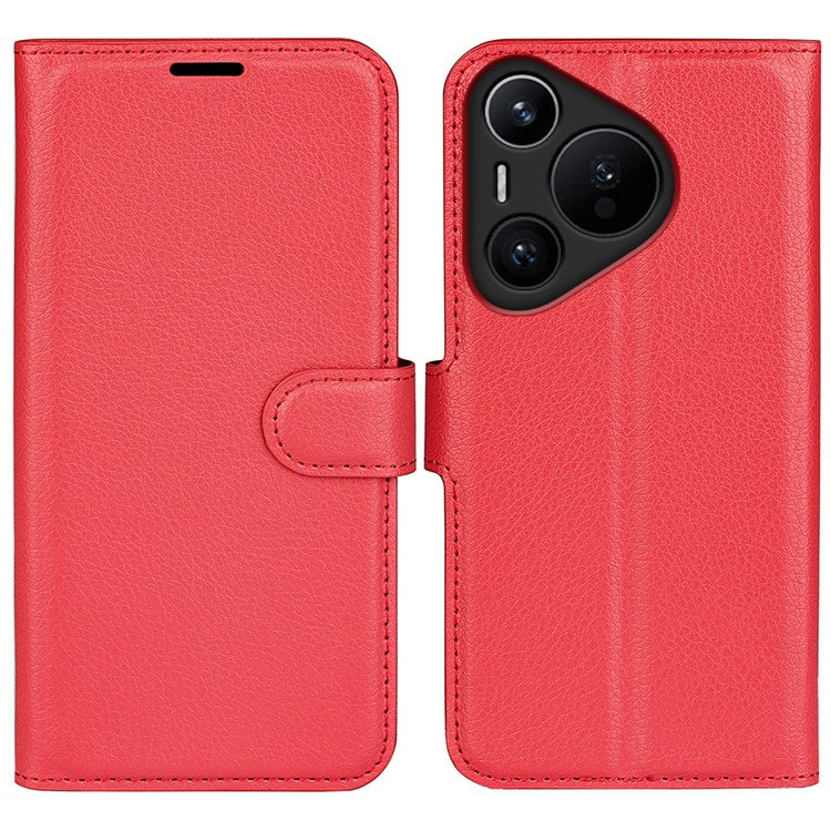 For Huawei Pura 70 Wallet Case with Card Holder Litchi Texture Leather Phone Cover - Red