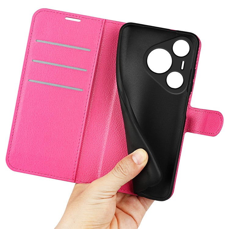 For Huawei Pura 70 Wallet Case with Card Holder Litchi Texture Leather Phone Cover - Rose