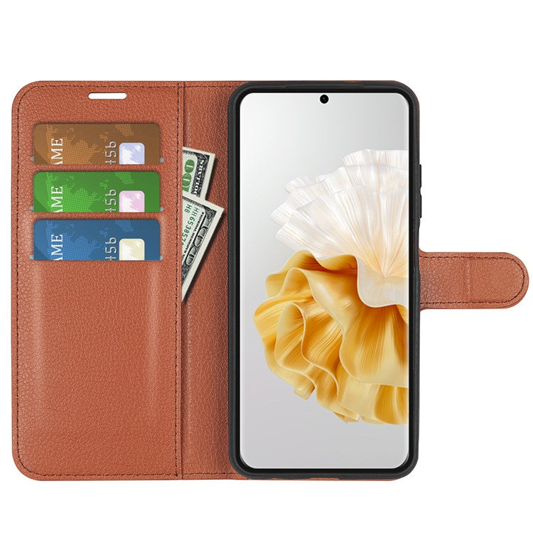 For Huawei Pura 70 Wallet Case with Card Holder Litchi Texture Leather Phone Cover - Brown