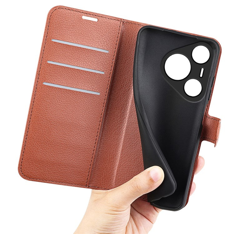 For Huawei Pura 70 Wallet Case with Card Holder Litchi Texture Leather Phone Cover - Brown