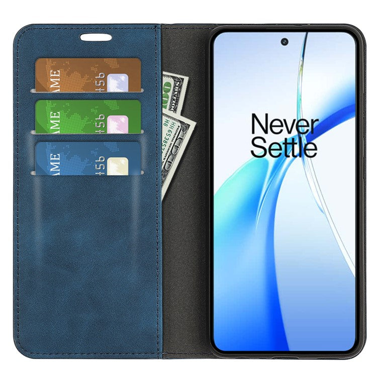 For OnePlus Ace 3V 5G Case Skin-Friendly Card Slots Magnetic Flip Leather Phone Cover - Blue