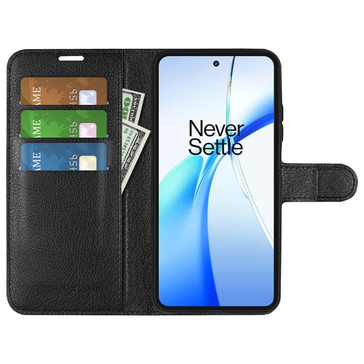 For OnePlus Ace 3V 5G Case PU Leather Litchi Texture Flip Wallet Phone Cover - Black