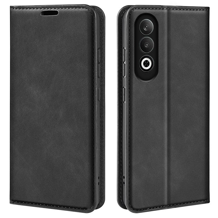 For OnePlus Nord CE4 5G / Oppo K12 Case Skin-Touch Card Slots Leather Flip Phone Cover - Black