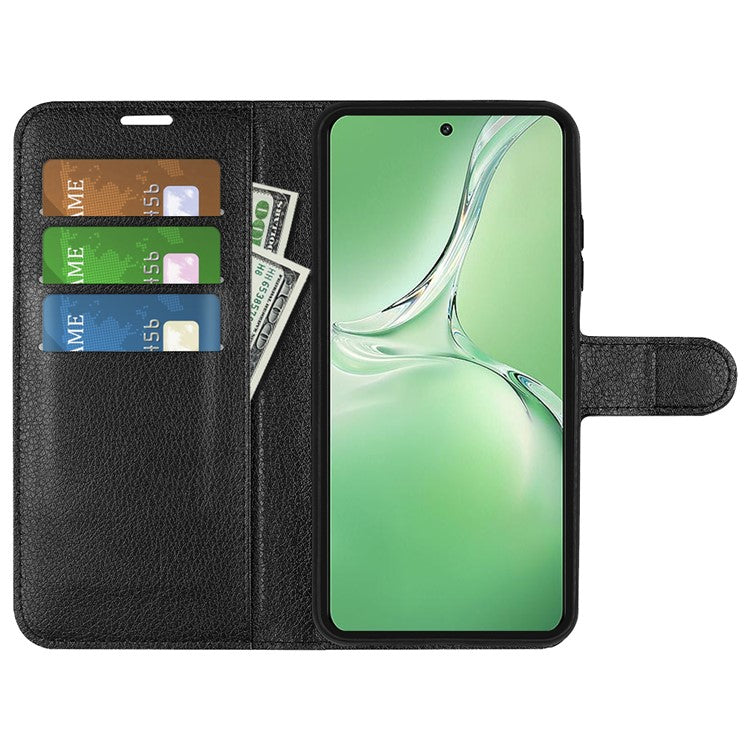 For OnePlus Nord CE4 5G / Oppo K12 Case Litchi Grain Leather Folio Flip Phone Cover - Black