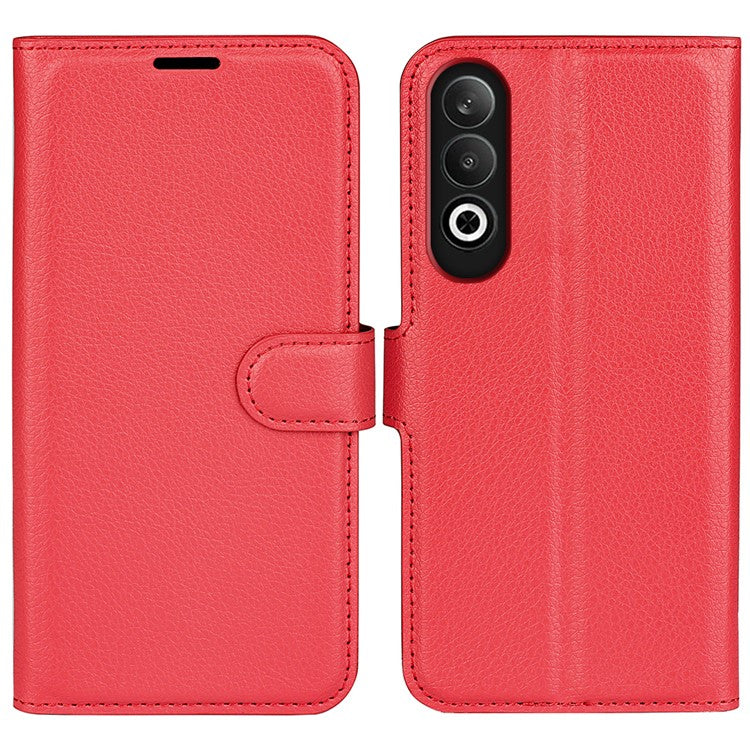 For OnePlus Nord CE4 5G / Oppo K12 Case Litchi Grain Leather Folio Flip Phone Cover - Red