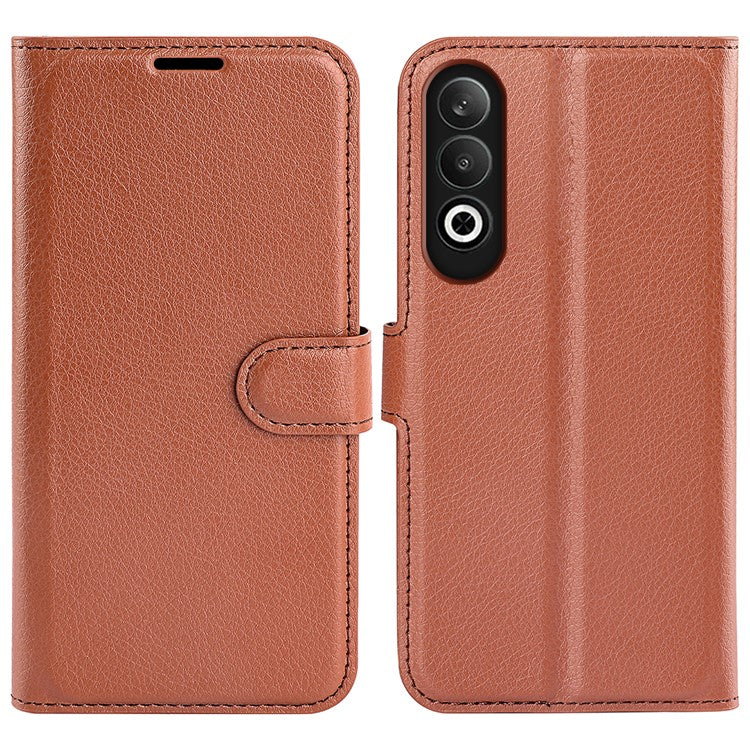 For OnePlus Nord CE4 5G / Oppo K12 Case Litchi Grain Leather Folio Flip Phone Cover - Brown