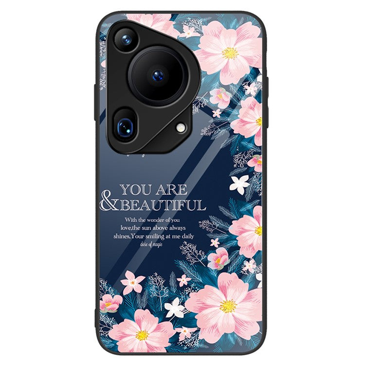 For Huawei Pura 70 Ultra Case Pattern Print Tempered Glass +PC+TPU Phone Cover - Pink Flowers