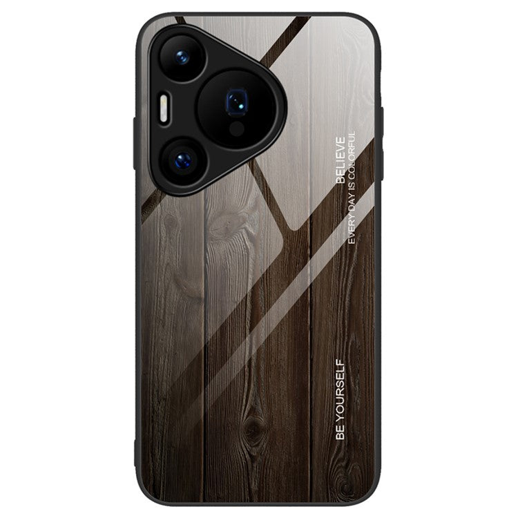 For Huawei Pura 70 Phone Case TPU Frame Tempered Glass Back Cover Wood Texture - Black