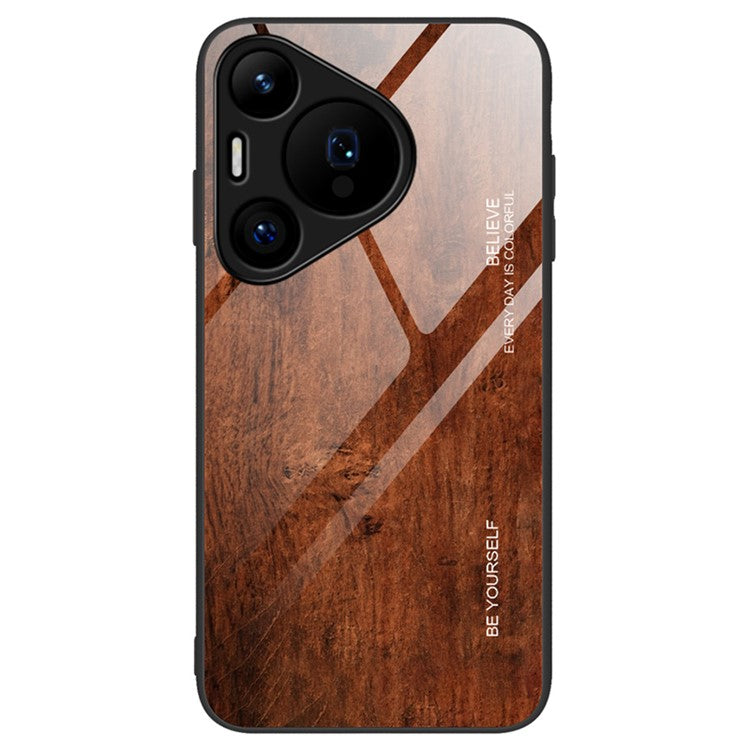For Huawei Pura 70 Phone Case TPU Frame Tempered Glass Back Cover Wood Texture - Coffee