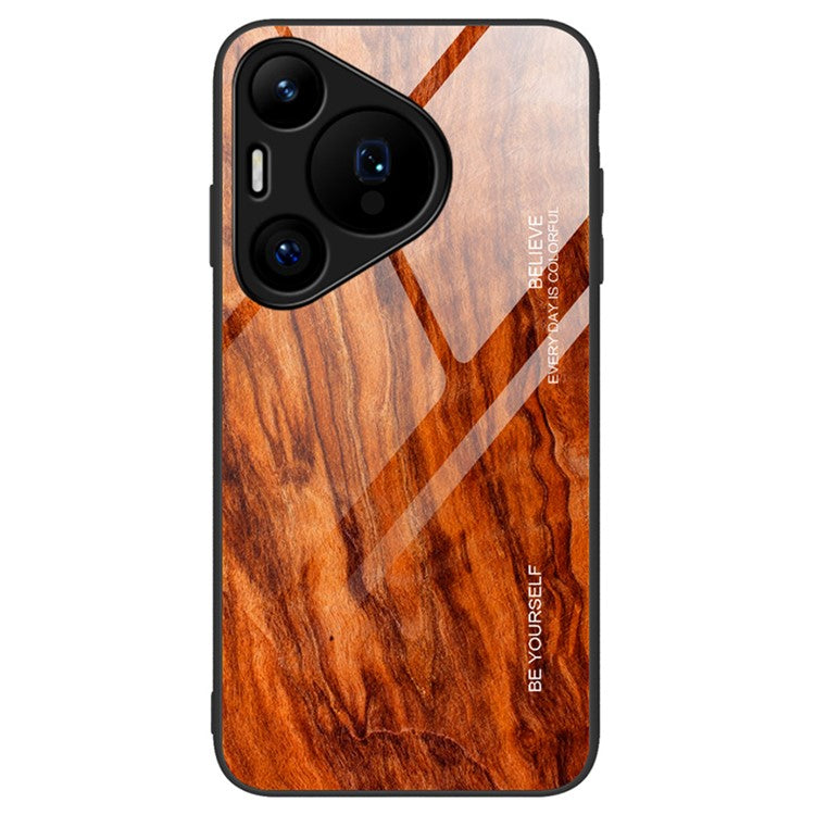 For Huawei Pura 70 Phone Case TPU Frame Tempered Glass Back Cover Wood Texture - Orange