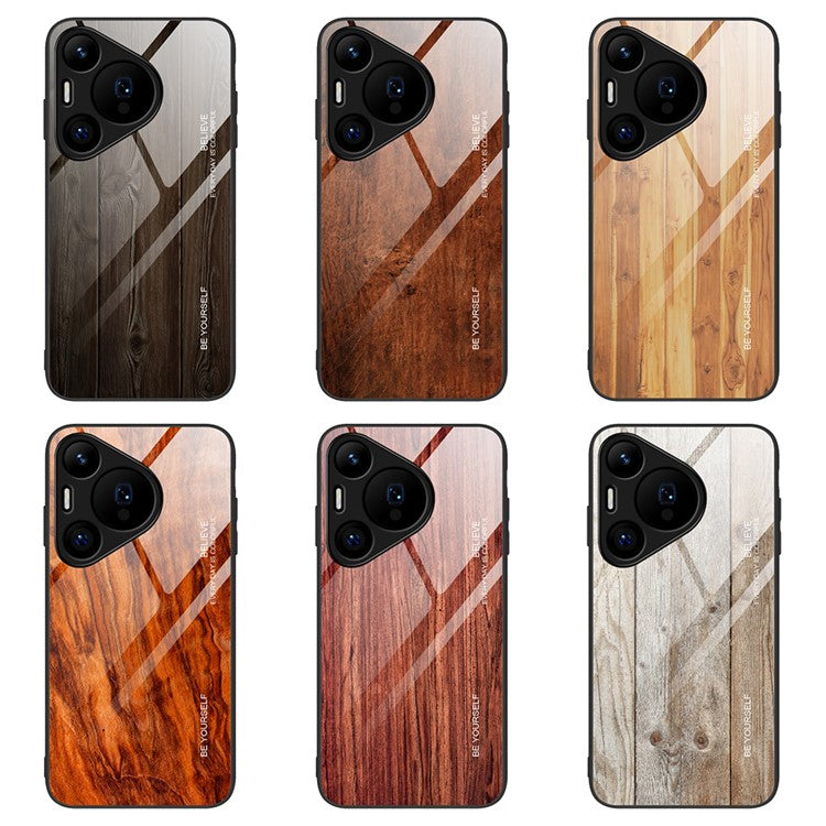 For Huawei Pura 70 Phone Case TPU Frame Tempered Glass Back Cover Wood Texture - Orange