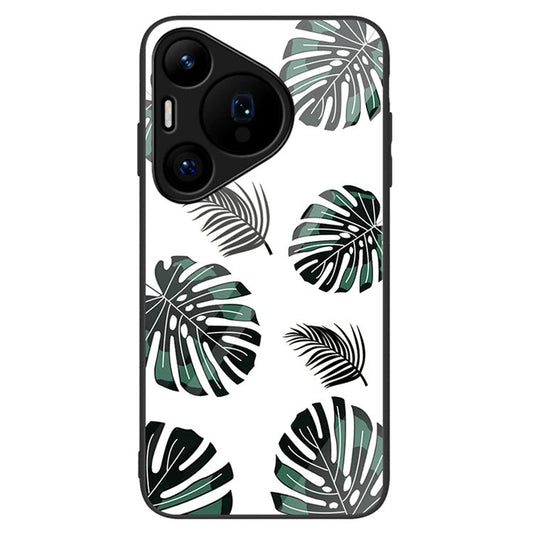 For Huawei Pura 70 Case Tempered Glass +PC+TPU Pattern Printing Mobile Phone Cover - Leaves