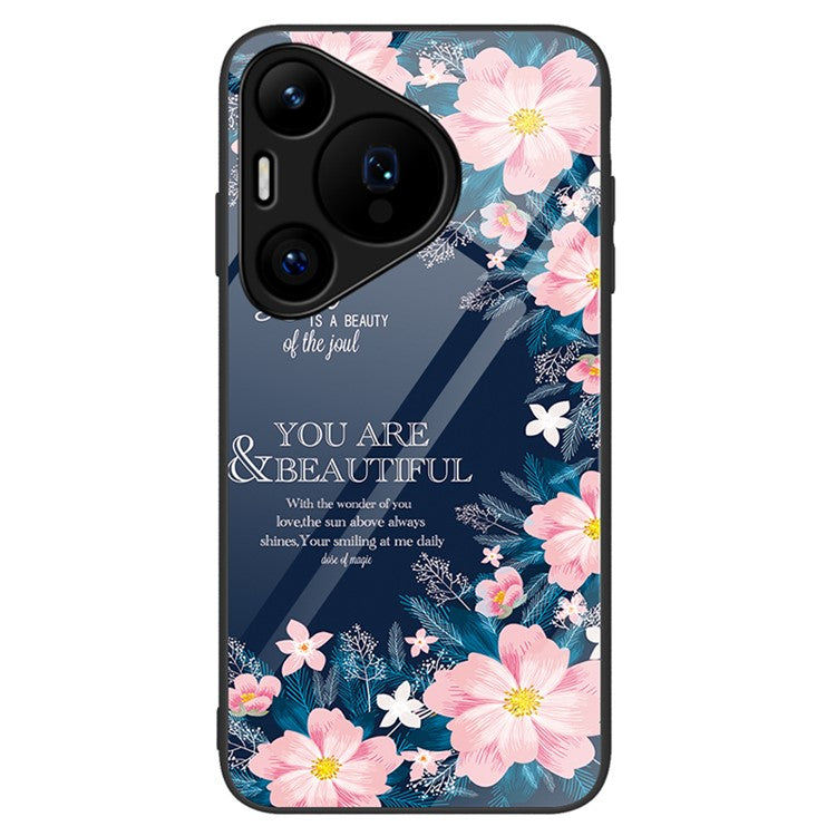For Huawei Pura 70 Case Tempered Glass +PC+TPU Pattern Printing Mobile Phone Cover - Pink Flowers