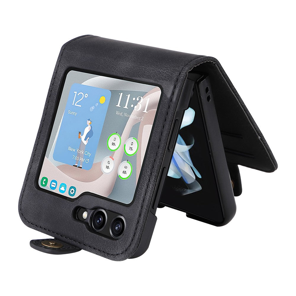 YIKATU YK-002 For Samsung Galaxy Z Flip7 FE 5G / Z Flip6 5G Case Card Holders PU Leather Skin-Touch Phone Cover - Black