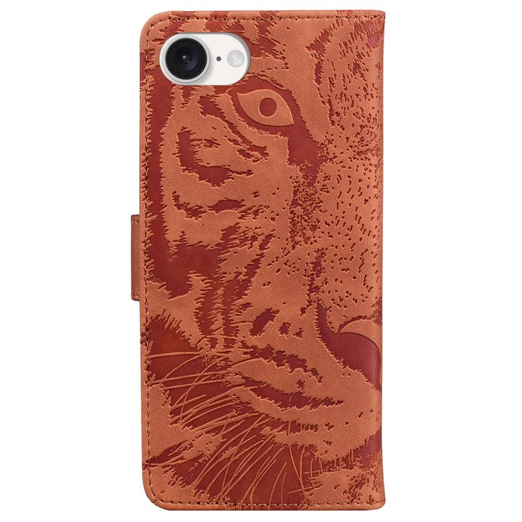 For iPhone 16e Case Wallet Style Tiger Pattern PU Leather Phone Cover - Brown