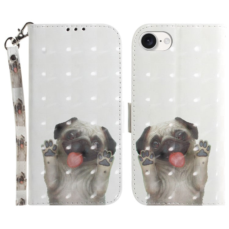 For iPhone 16e Case PU Leather Stand Card Holder Phone Cover 3D Creative Pattern - Pug