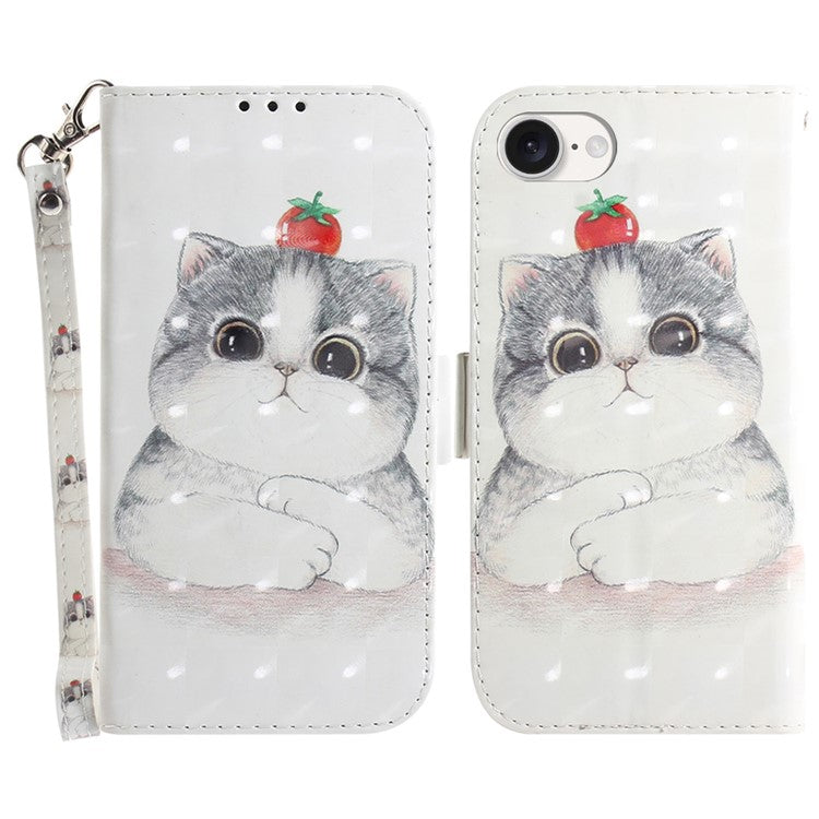 For iPhone 16e Case PU Leather Stand Card Holder Phone Cover 3D Creative Pattern - Cute Cat