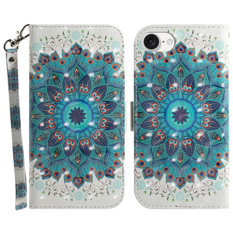 For iPhone 16e Case PU Leather Stand Card Holder Phone Cover 3D Creative Pattern - Peacock Wreath
