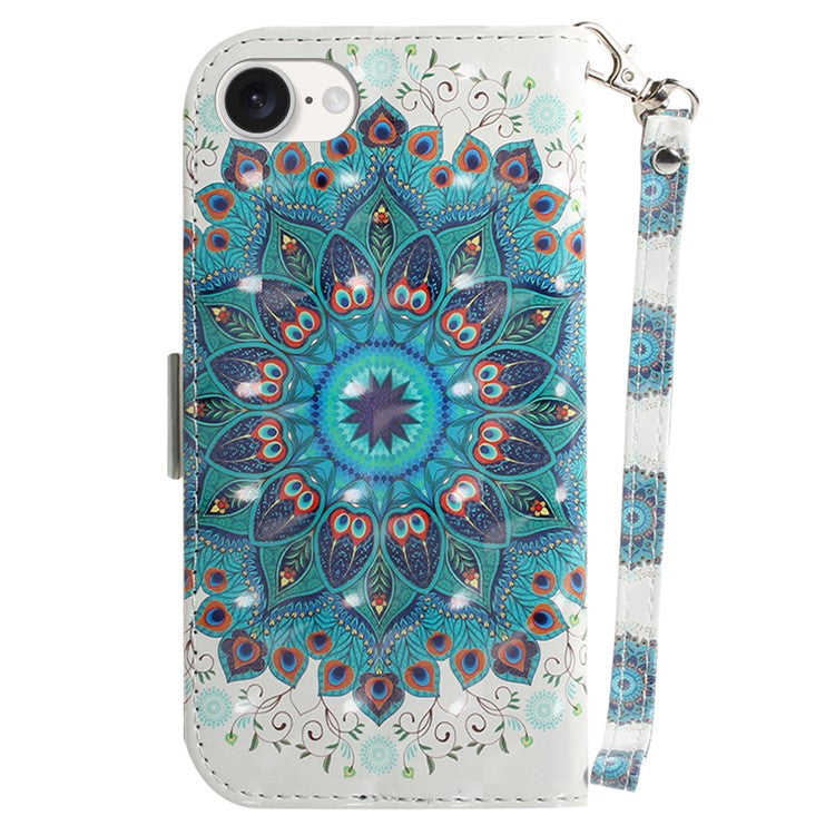 For iPhone 16e Case PU Leather Stand Card Holder Phone Cover 3D Creative Pattern - Peacock Wreath