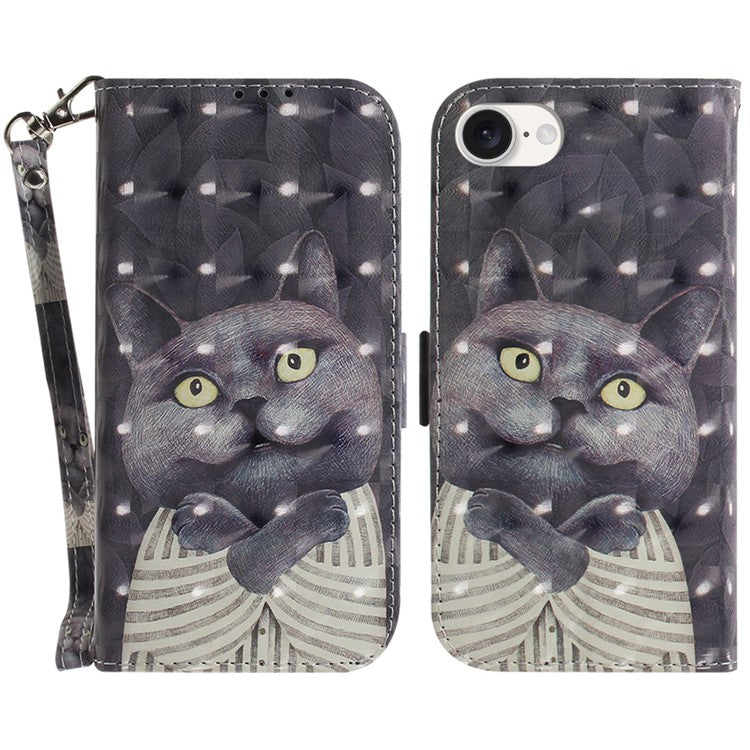 For iPhone 16e Case PU Leather Stand Card Holder Phone Cover 3D Creative Pattern - Embracing Cat