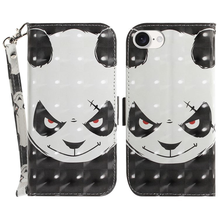 For iPhone 16e Case PU Leather Stand Card Holder Phone Cover 3D Creative Pattern - Angry Panda