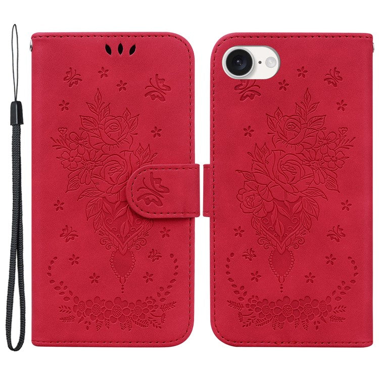 For iPhone 16e Wallet Phone Cases Wholesale Flower Imprint PU Leather Cover - Red