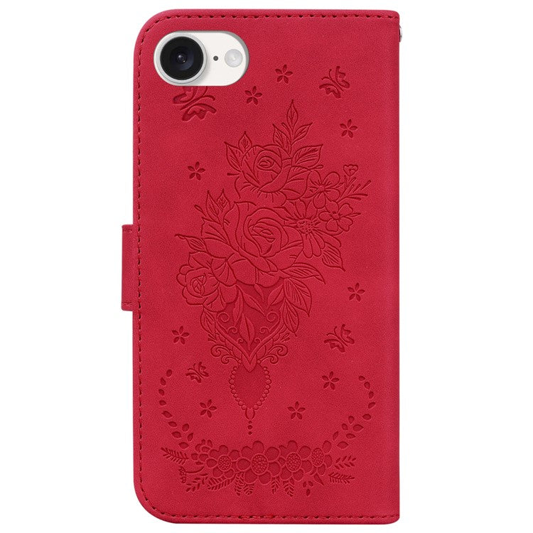 For iPhone 16e Wallet Phone Cases Wholesale Flower Imprint PU Leather Cover - Red