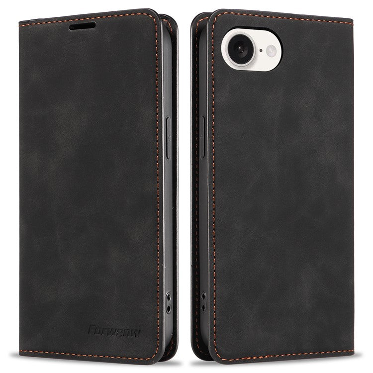 FORWENW Fantasy Series for iPhone 16e Case Skin-Touch Leather Magnetic Absorption Phone Cover - Black