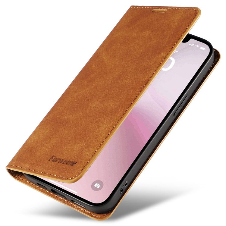 FORWENW Fantasy Series for iPhone 16e Case Skin-Touch Leather Magnetic Absorption Phone Cover - Brown