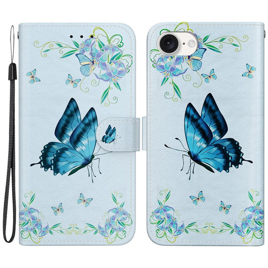 For iPhone 16e Case Pattern Print Scratch-Proof Leather Phone Cover with Wallet - Blue Butterfly Flower
