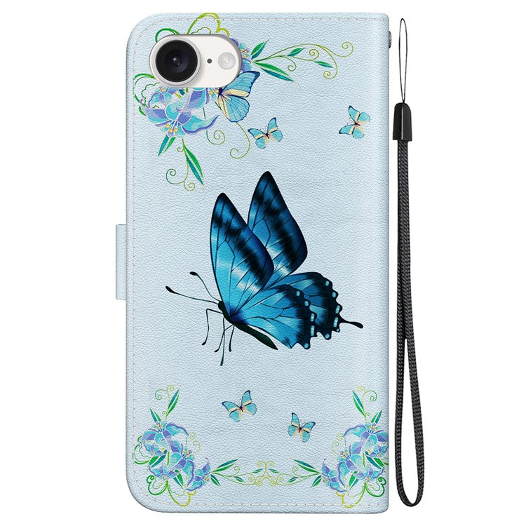 For iPhone 16e Case Pattern Print Scratch-Proof Leather Phone Cover with Wallet - Blue Butterfly Flower