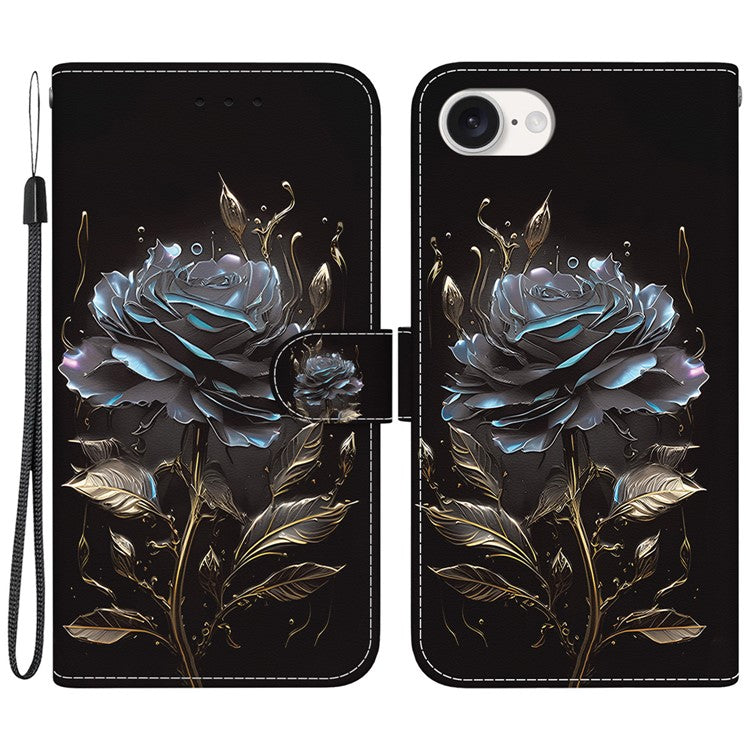 For iPhone 16e Case Pattern Print Scratch-Proof Leather Phone Cover with Wallet - Black Rose
