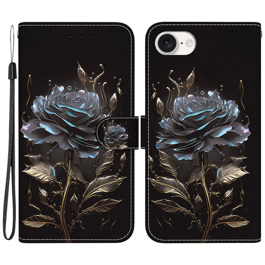 For iPhone 16e Case Pattern Print Scratch-Proof Leather Phone Cover with Wallet - Black Rose