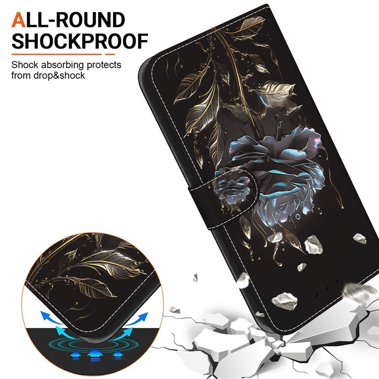 For iPhone 16e Case Pattern Print Scratch-Proof Leather Phone Cover with Wallet - Black Rose