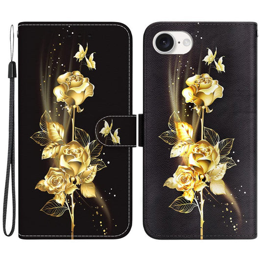 For iPhone SE (2025) Case Pattern Print Scratch-Proof Leather Phone Cover with Wallet - Gold Butterfly Rose