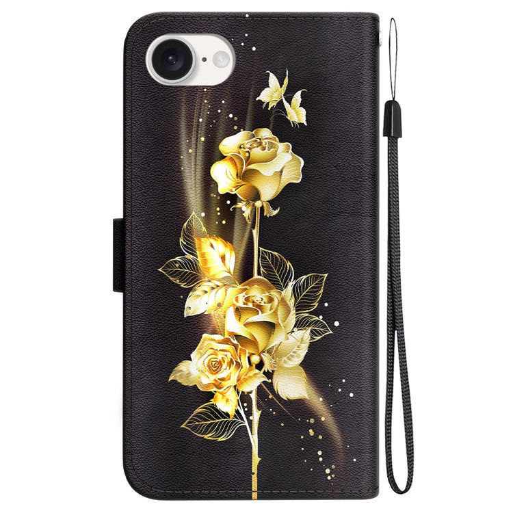 For iPhone SE (2025) Case Pattern Print Scratch-Proof Leather Phone Cover with Wallet - Gold Butterfly Rose