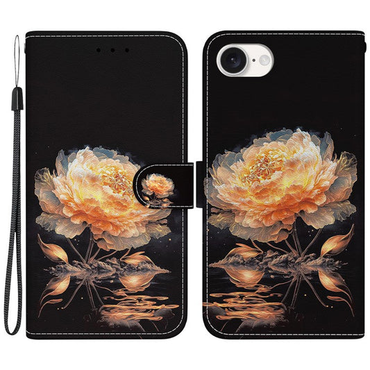 For iPhone 16e Case Pattern Print Scratch-Proof Leather Phone Cover with Wallet - Gold Peony