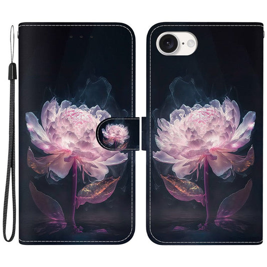 For iPhone 16e Case Pattern Print Scratch-Proof Leather Phone Cover with Wallet - Purple Peony