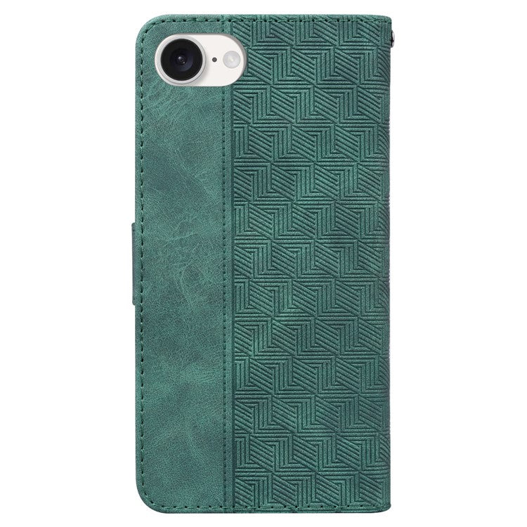 For iPhone 16e Leather Wallet Case Geometry Imprint Phone Cover - Green