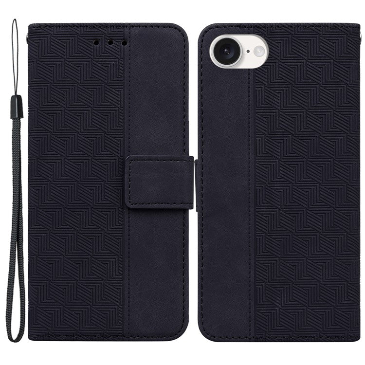 For iPhone 16e Leather Wallet Case Geometry Imprint Phone Cover - Black