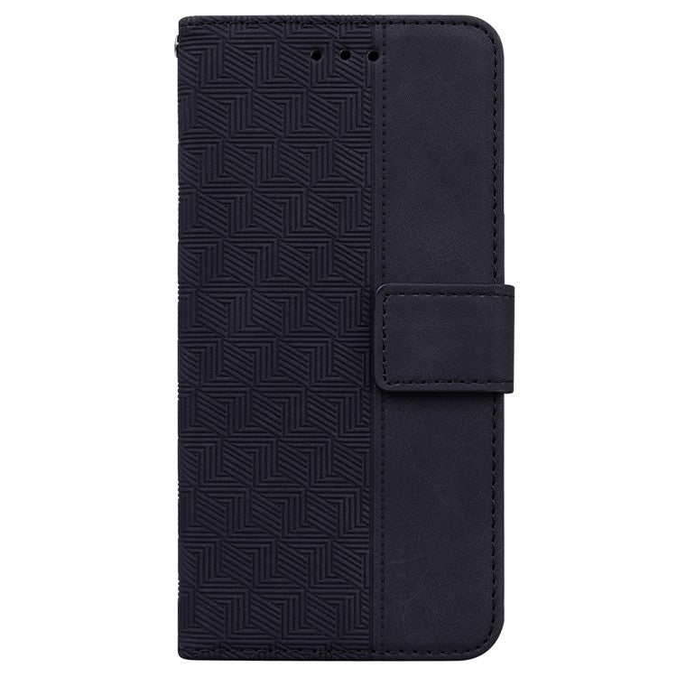 For iPhone 16e Leather Wallet Case Geometry Imprint Phone Cover - Black